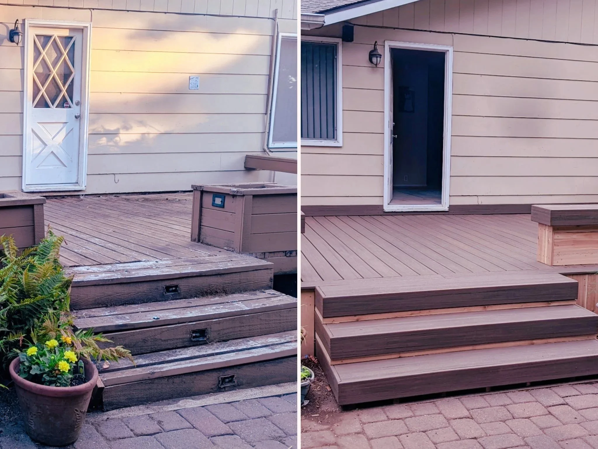 Comparison of old and new wooden steps leading to a house door, with a pot of yellow flowers in the foreground.