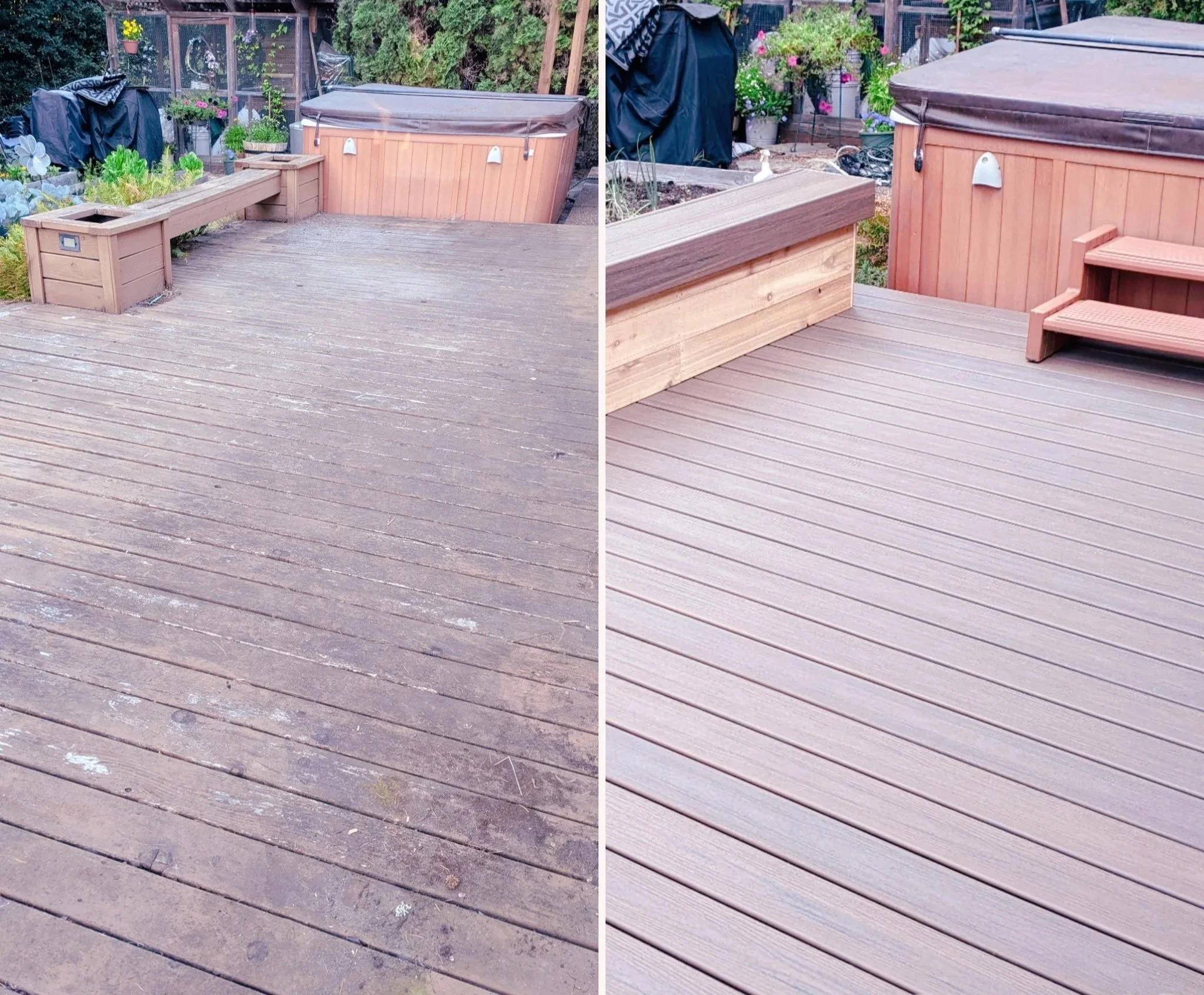 Side-by-side comparison of a weathered wooden deck before and after cleaning or refinishing. The left side shows an old, stained, and worn deck, while the right side displays a freshly cleaned and stained deck with a uniform, light brown color.