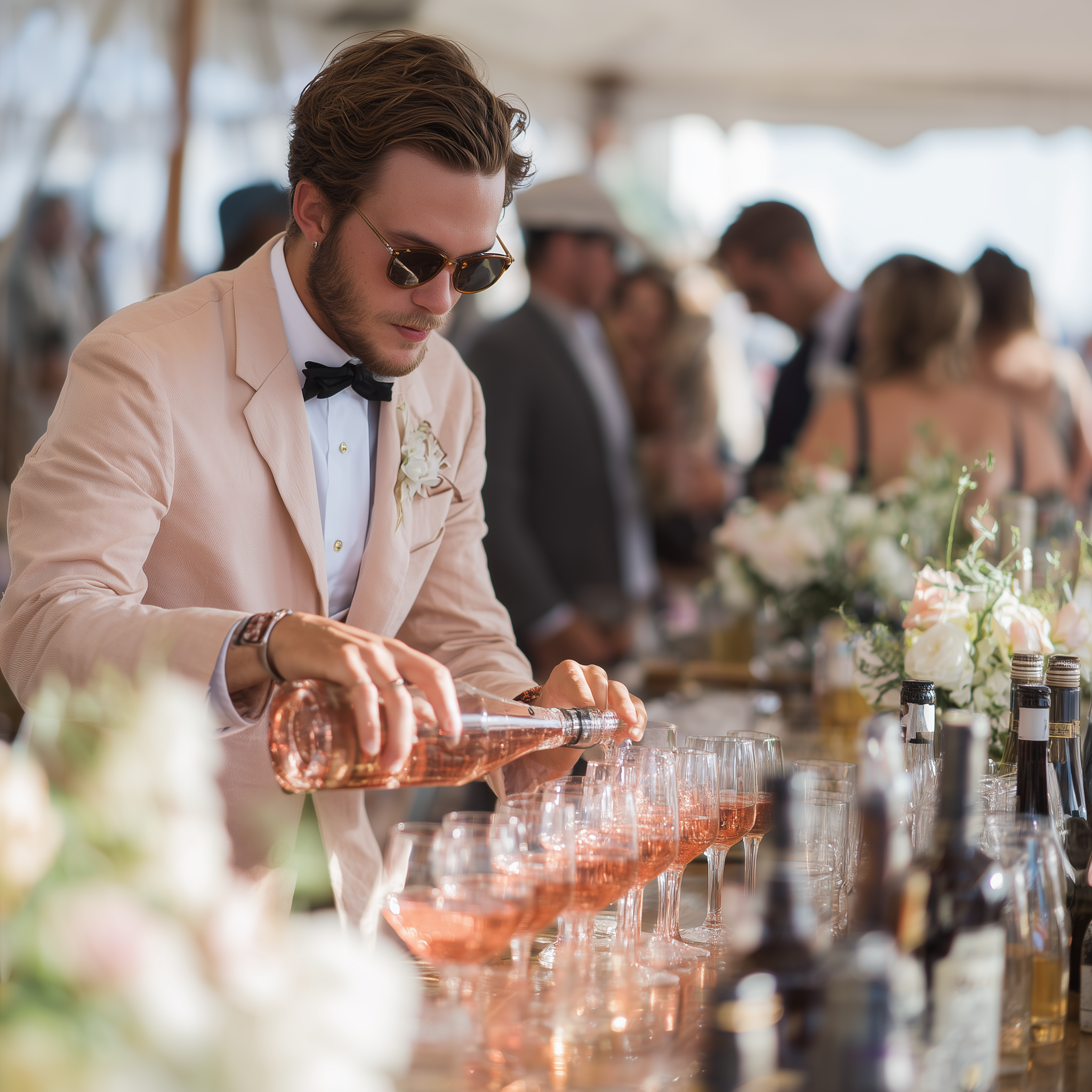 A man wearing sunglasses, a beige tuxedo, and a black bow tie pours rosé wine into glasses during a wedding reception, with floral decorations and guests in formal attire in the background.