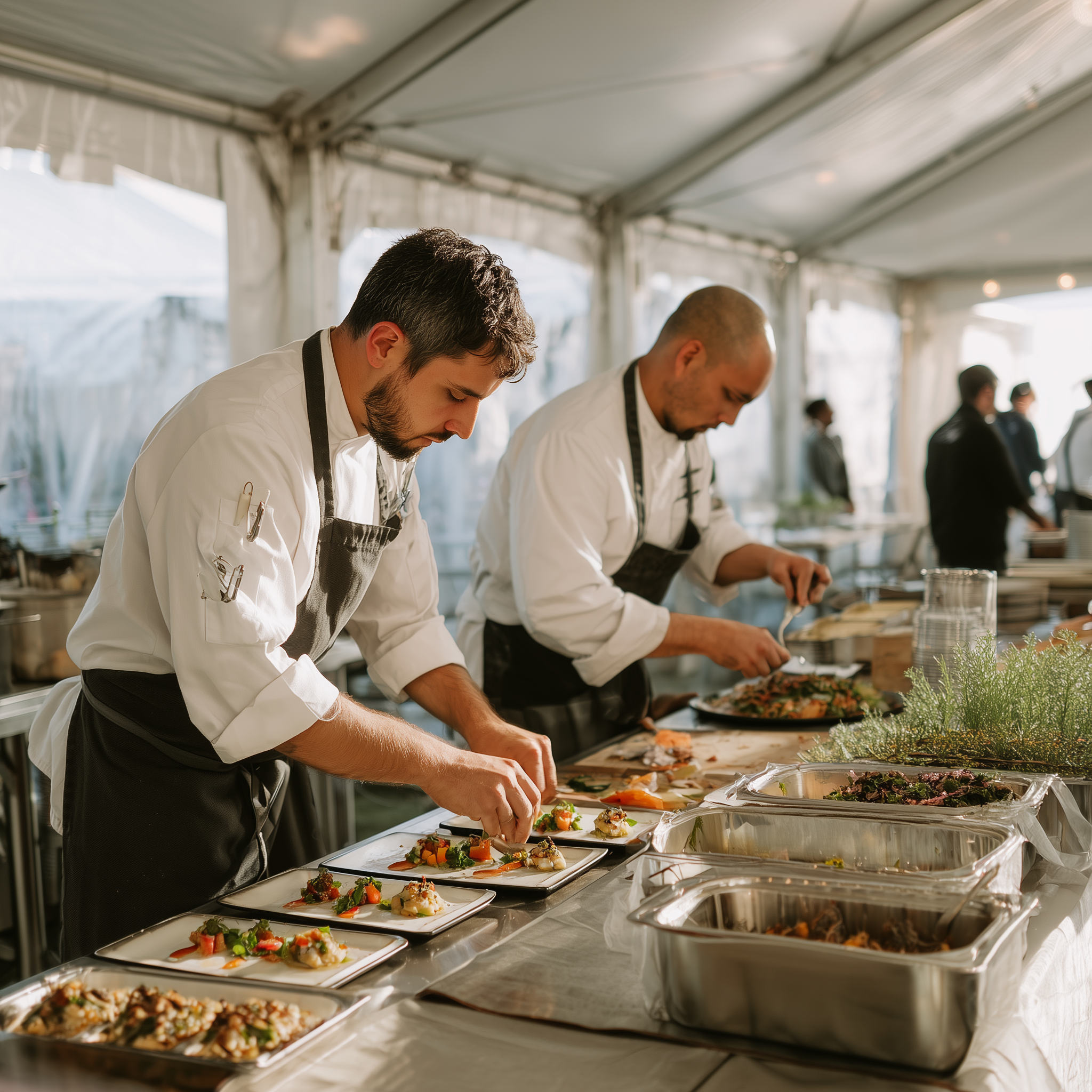 Two chefs in white coats and black aprons preparing and plating food at a catering event inside a large tent.