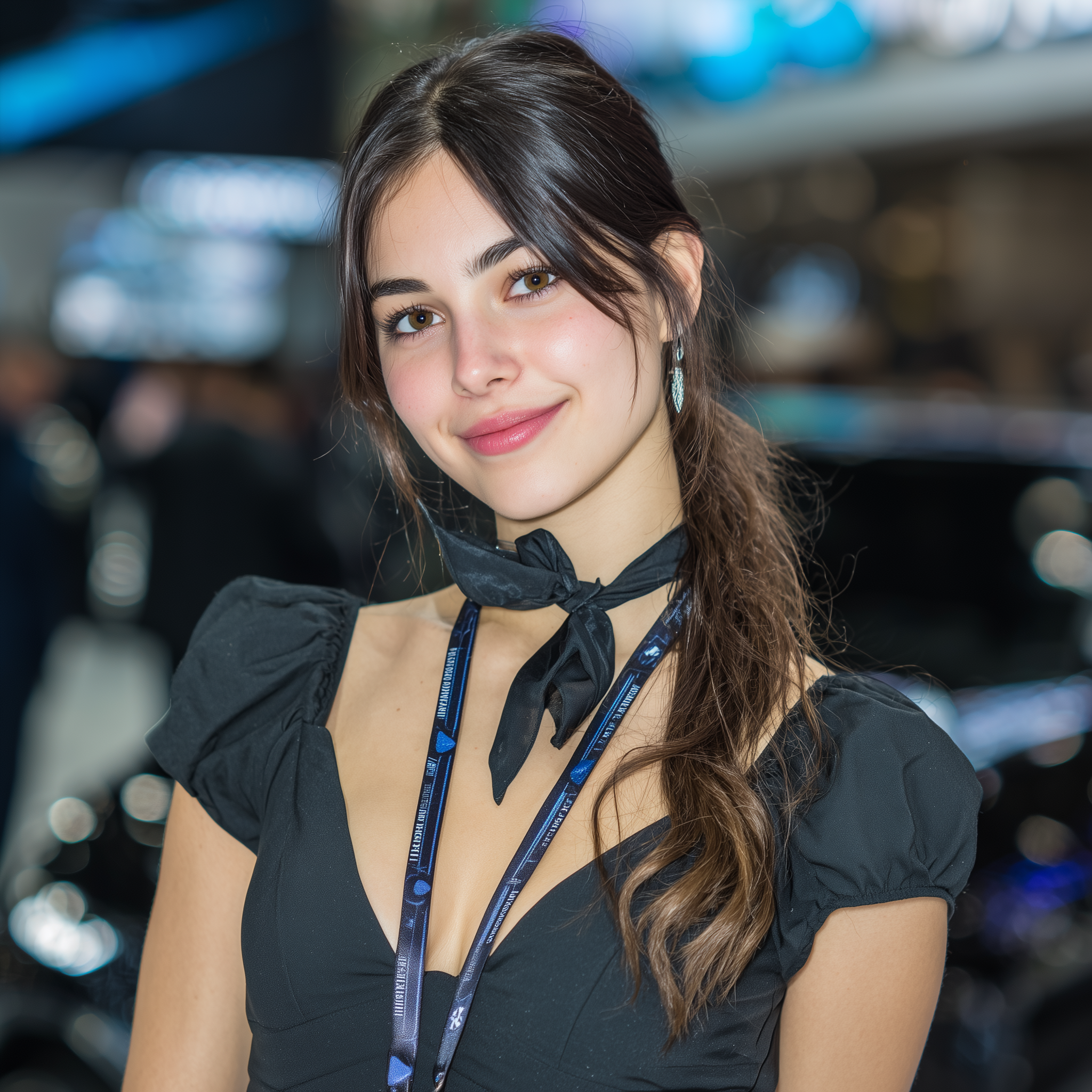 A young woman with long brown hair and a black blouse, smiling at the camera, standing in front of a blurred background at an indoor event or expo.