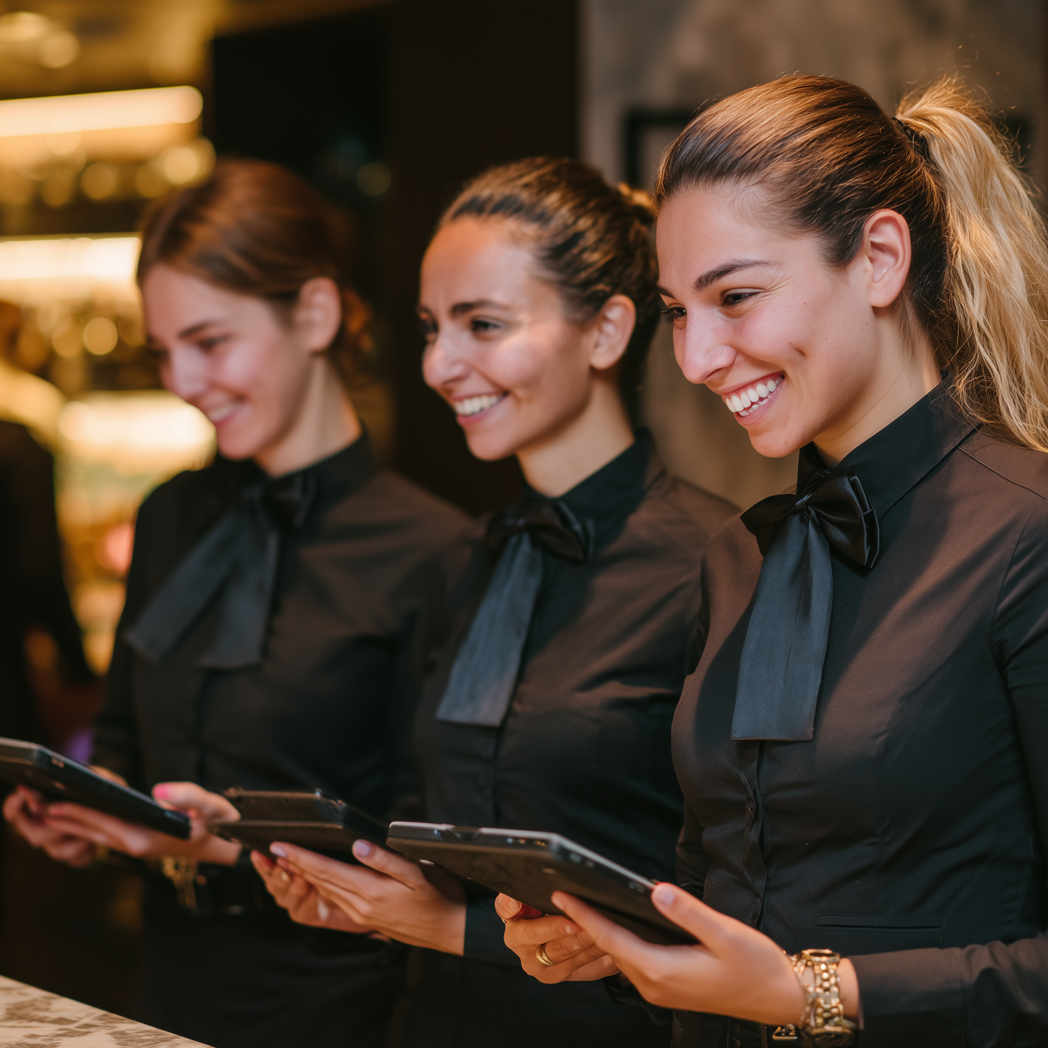 Three smiling women in black uniforms with bow ties holding tablets in a restaurant or bar setting.