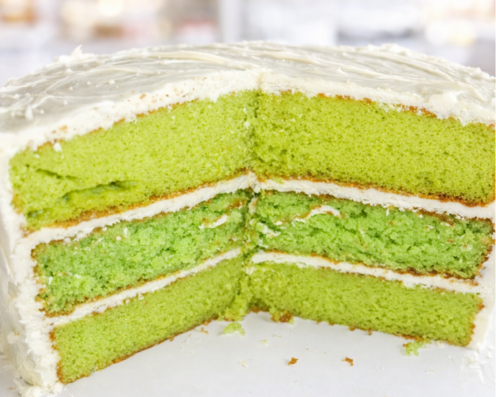 Cross-section of a green cake with three layers, white frosting, and decorative chips on top.
