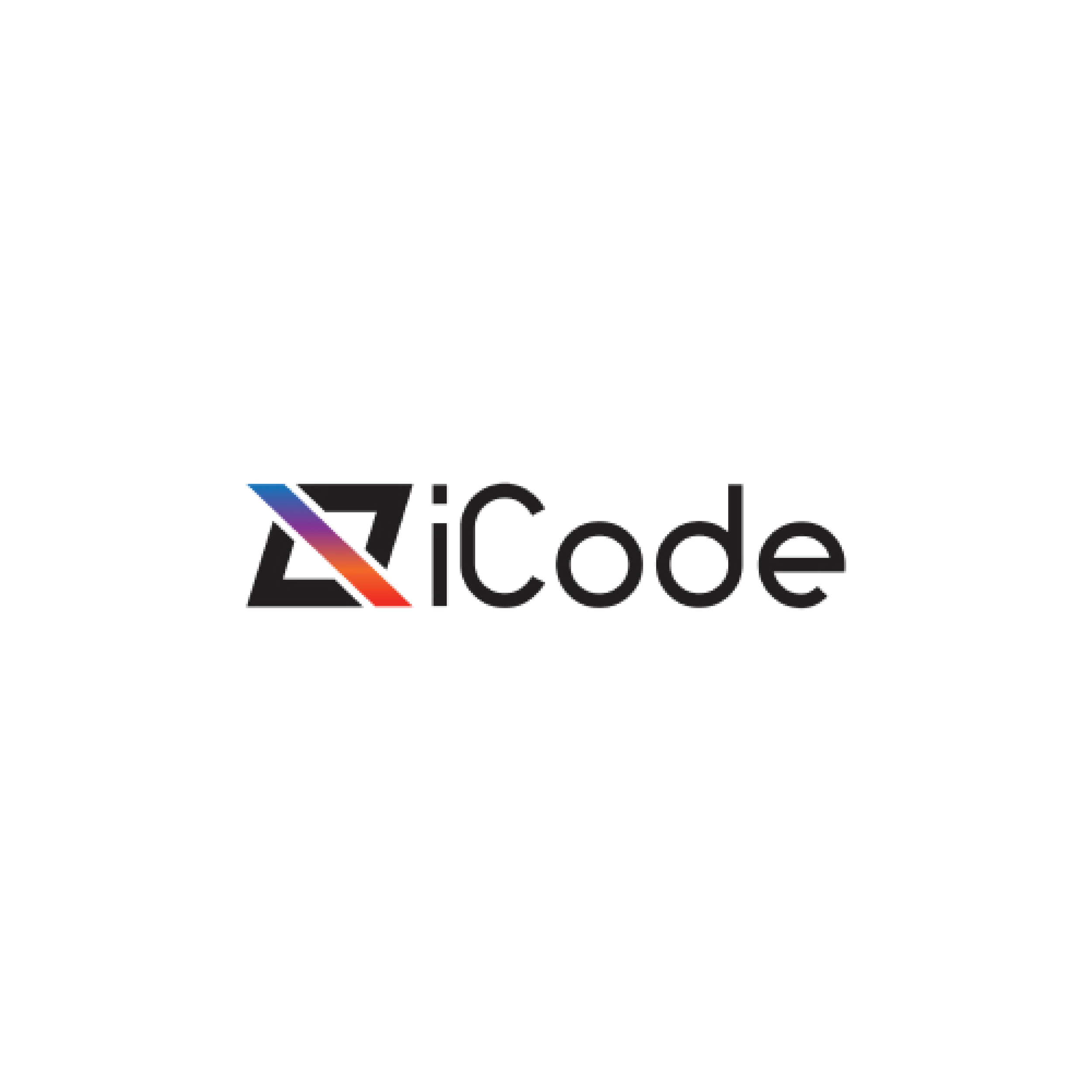 The image shows a logo with the text 'Vicode' in black and a colorful, stylized 'V' symbol above the text, featuring gradient colors transitioning from blue to purple, and red to orange.