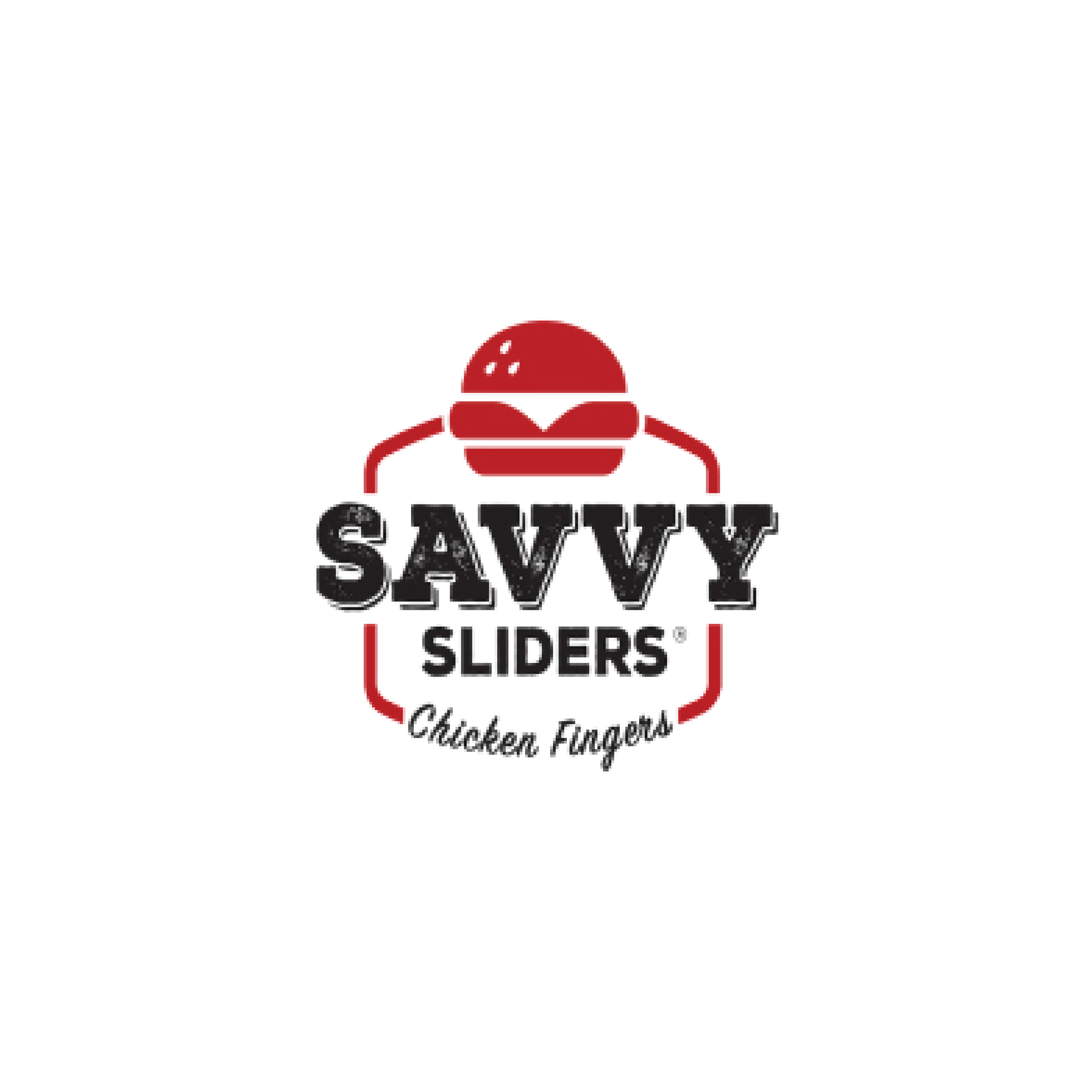 Logo of a bakery called Savvy Sliders with a red slider burger graphic and text, and the flavors listed as chicken and fuego.