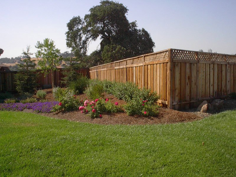 A backyard garden with green grass, colorful flowers, a wooden fence, and trees in the background.