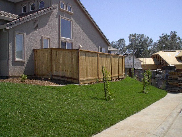 A backyard scene with new wooden fencing, a lush green lawn, and a light-colored house with several windows. There are small trees planted along the fence, and a sidewalk runs along the edge of the yard. In the background, there are houses under construction and a stack of wood.