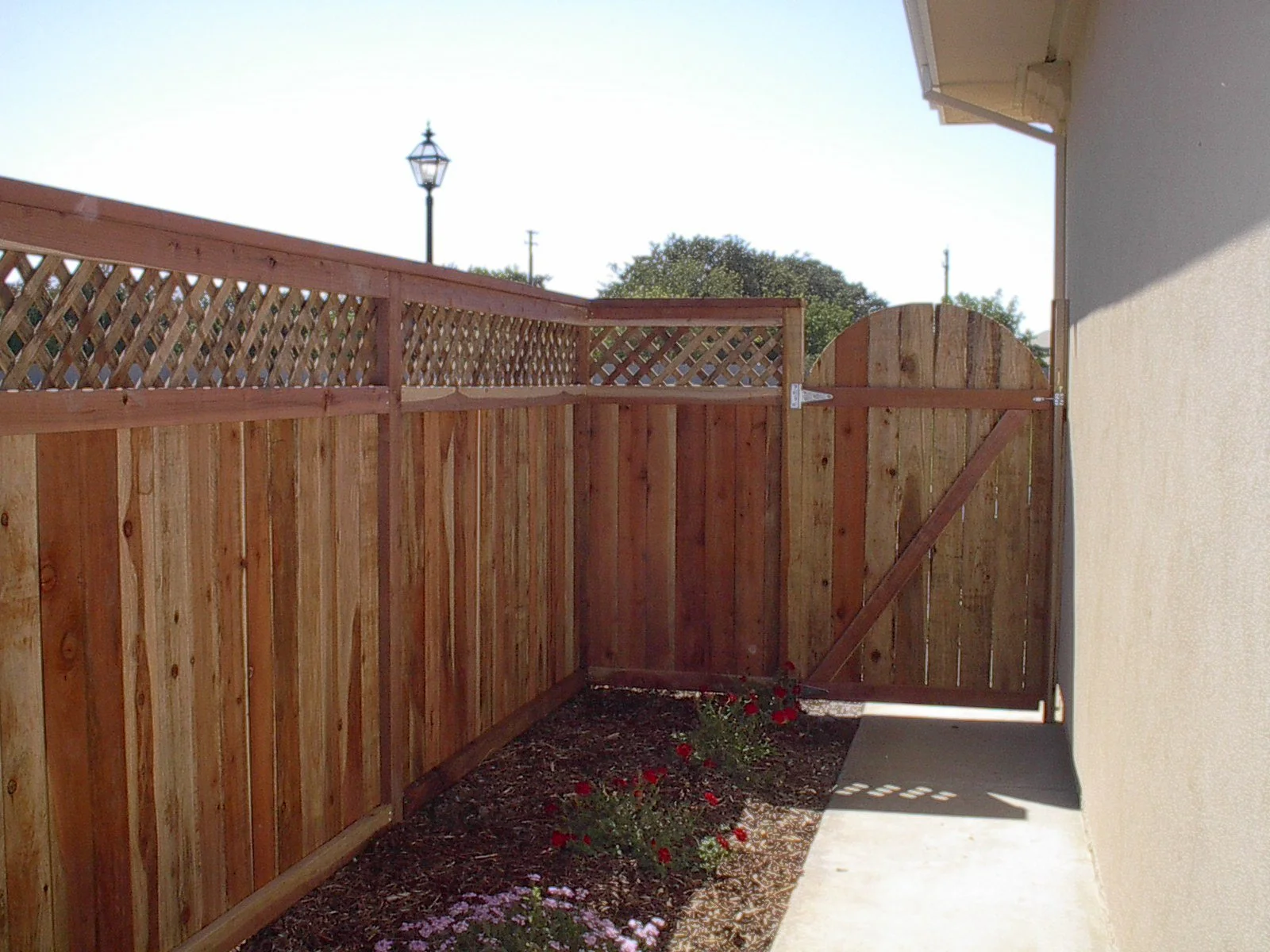 View of a backyard with a wooden privacy fence, a garden with flowers, and a small gate, with a clear sky and a streetlamp in the background.