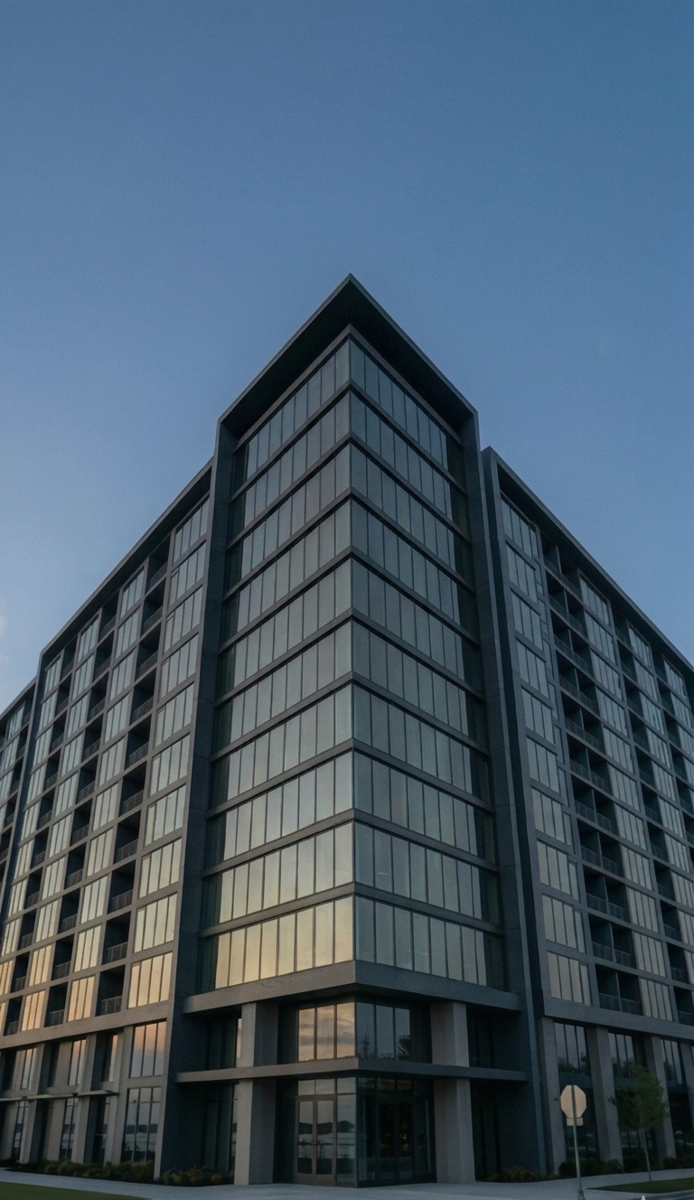 A modern multi-story glass building under a clear blue sky during sunset.