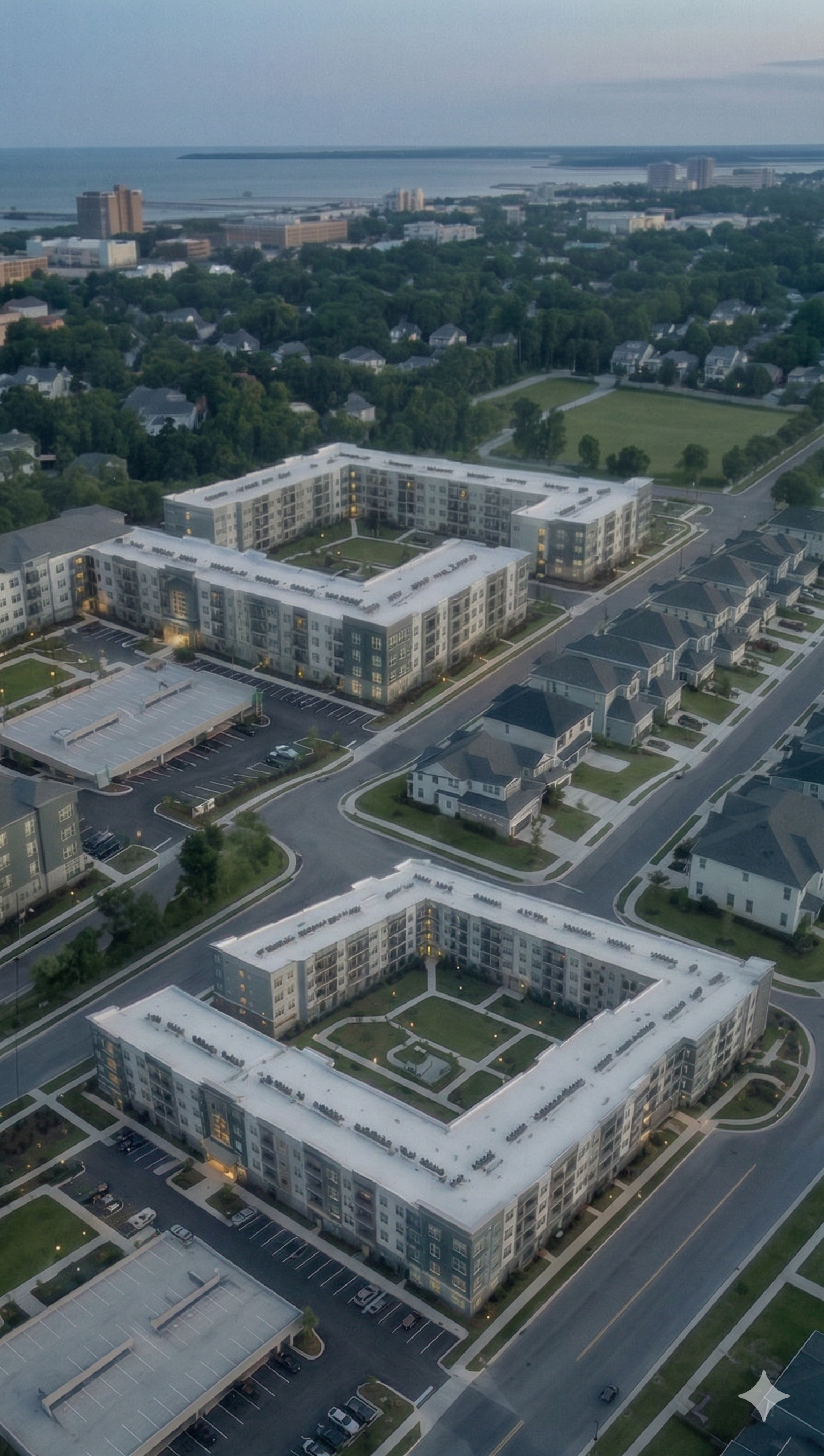 Aerial view of modern apartment complex with two U-shaped buildings and green courtyards, surrounded by residential houses, roads, and a body of water in the background.