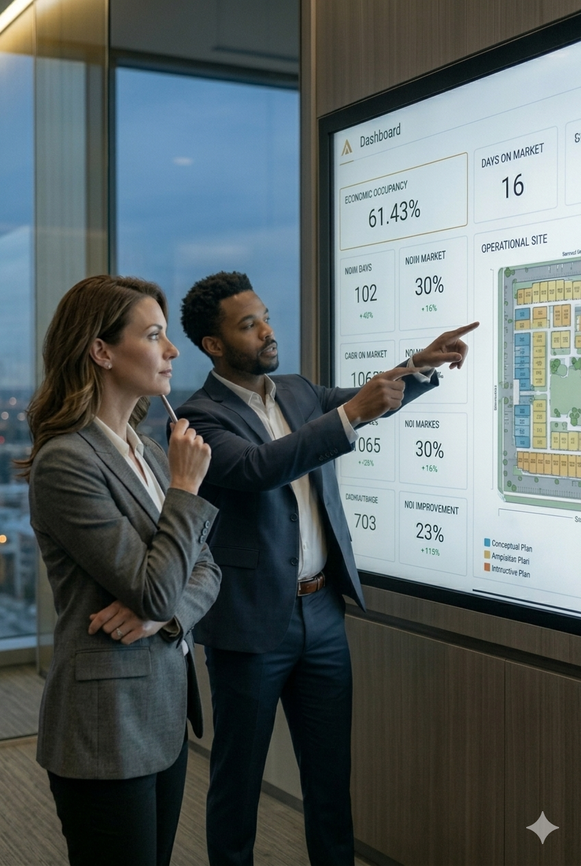Two professionals, a woman and a man, discussing data on a large digital dashboard in a high-rise office, with city skyline visible through the windows.