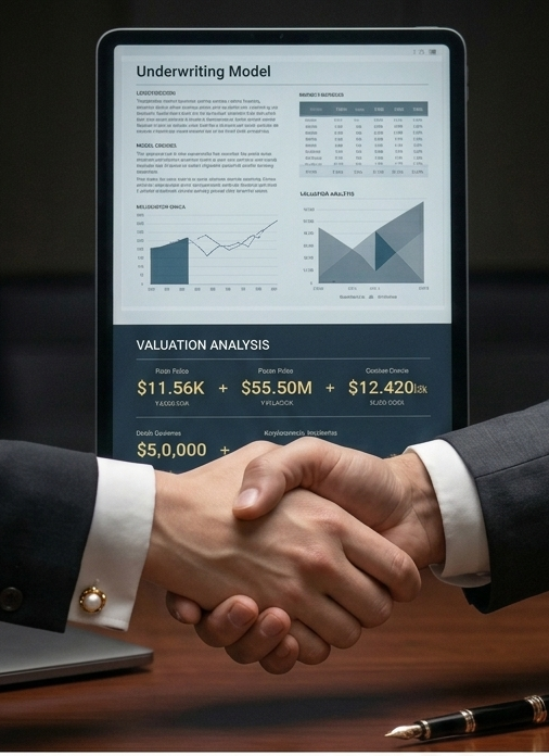 Two people in business suits shaking hands in front of a tablet displaying business and financial data, including valuation analysis and graphs.