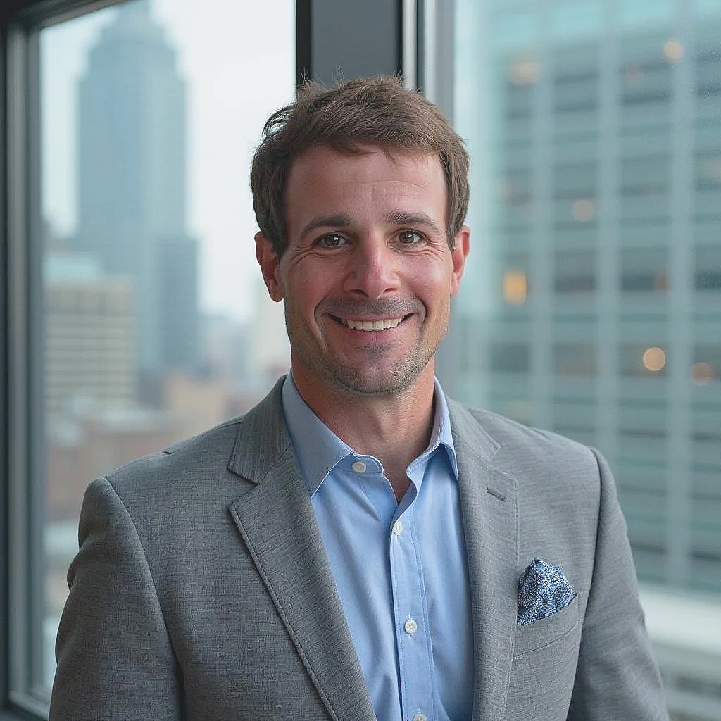 A smiling man in a grey suit and light blue shirt standing in front of a large window with city buildings in the background.
