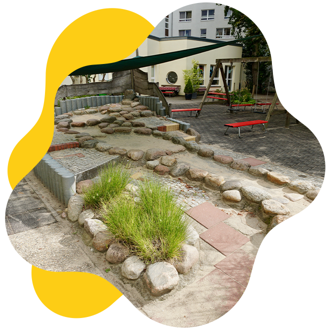Ein Spielbereich mit einem bepflanzten Wasserlauf und Spielgeräten, umgeben von Sitzbänken, in einem urbanen Garten.