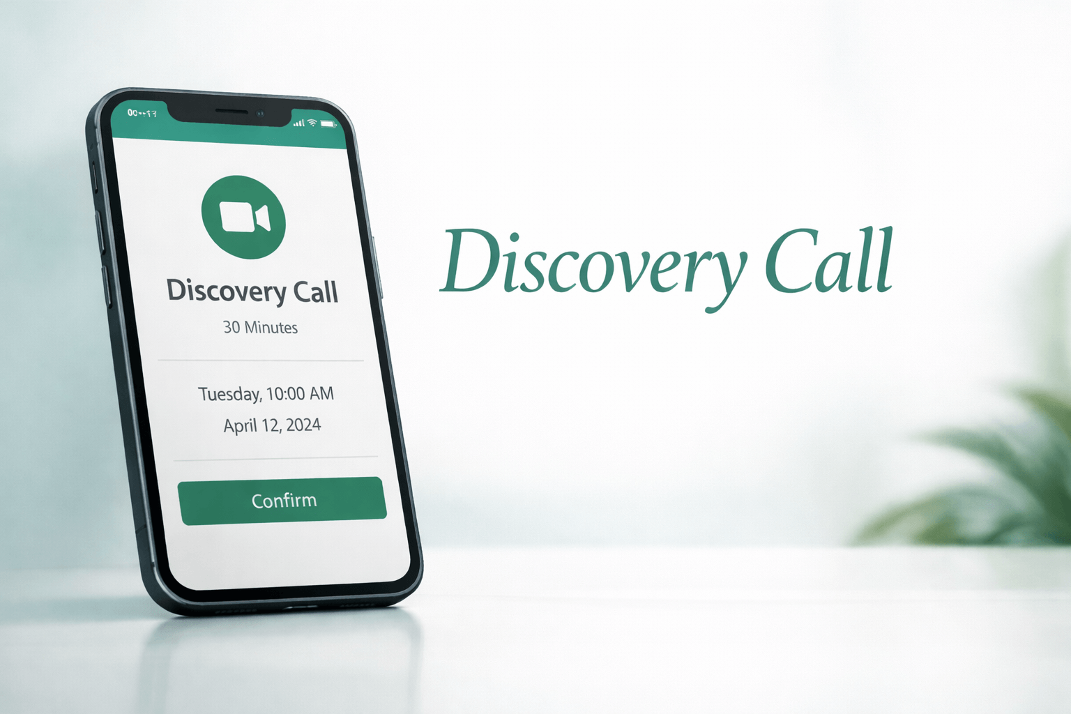A smartphone displays a screen for scheduling a Discovery Call with Spark Wellness, with a confirm button, placed on a white surface with a blurred green plant in the background.