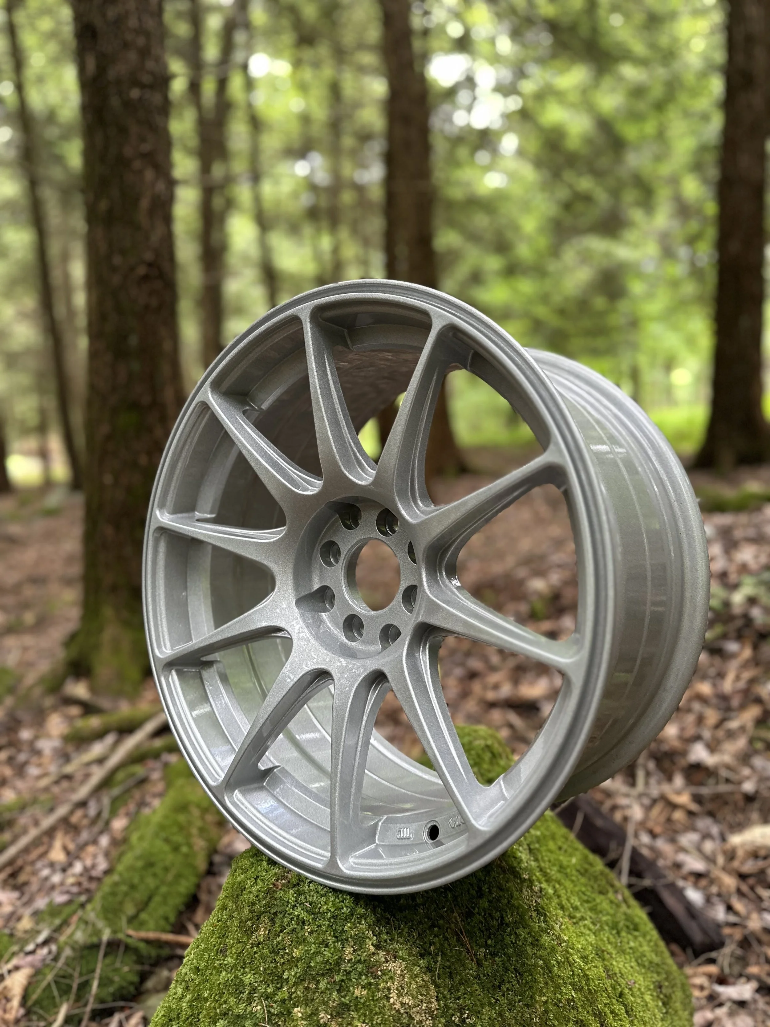 A silver alloy wheel rim resting on a moss-covered rock in a forest with trees and green foliage in the background.