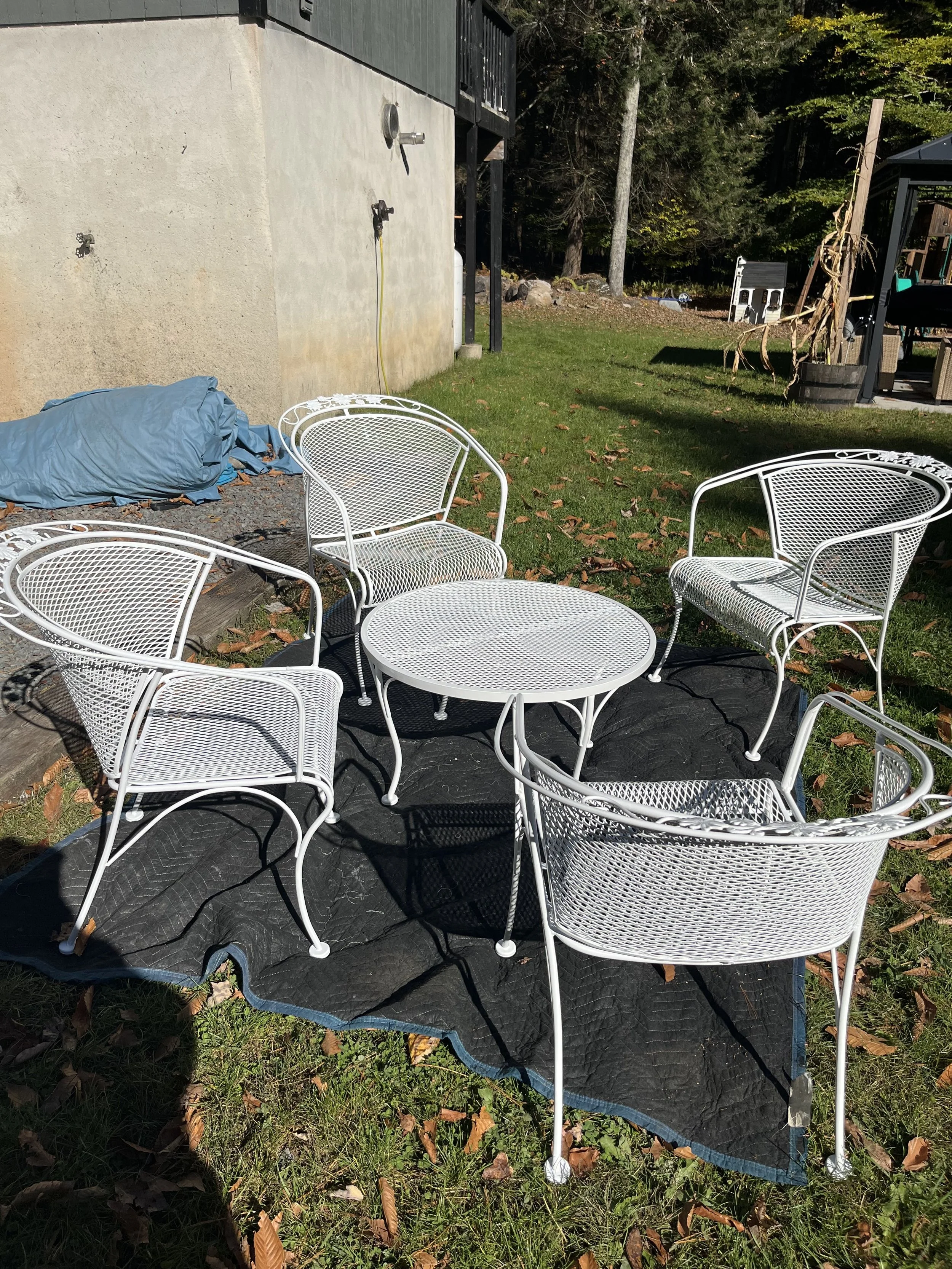 Outdoor patio area with a white metal table and six matching chairs on a black mat, with fallen leaves and grass around, in a backyard setting during daytime.