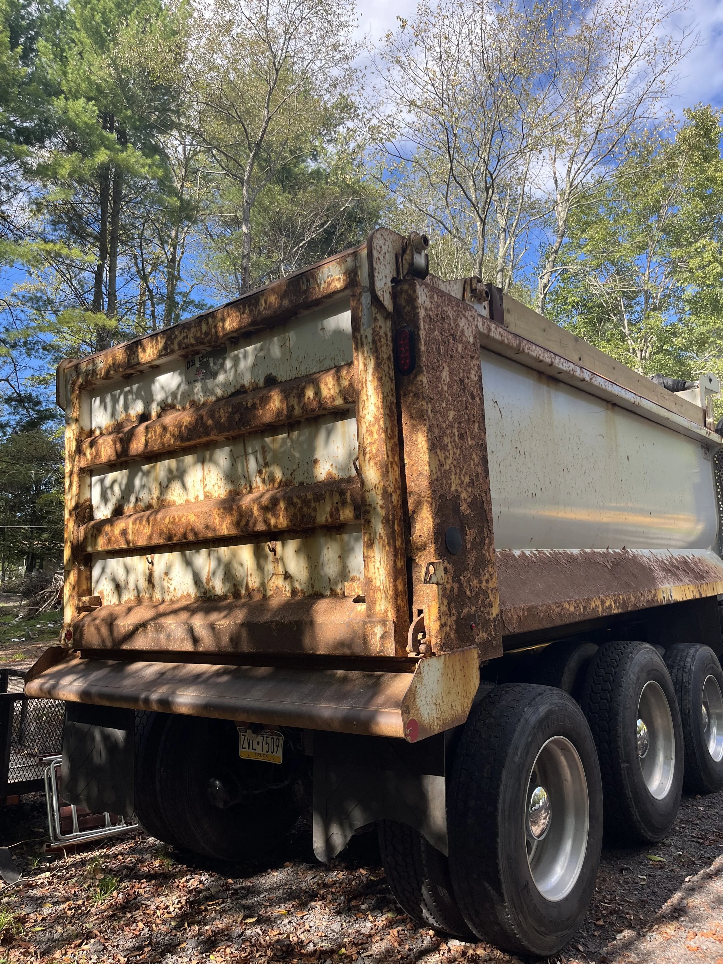 Old, rusty dump truck in a wooded area with green trees and a blue sky.