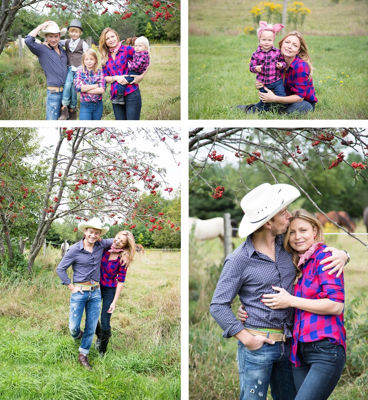 Collage of four outdoor photos featuring a family and a young woman enjoying nature, with trees, grass, and flowers.