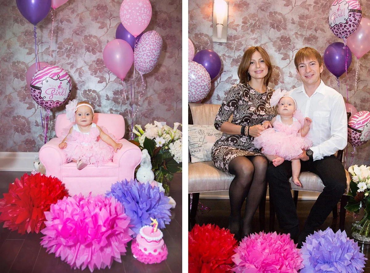 A girl in a pink dress sitting on a pink kid-sized sofa with balloons and decorations indicating a birthday celebration. The right side shows a woman, a man, and the girl posing together, with pink, purple, and heart-shaped balloons in the background
