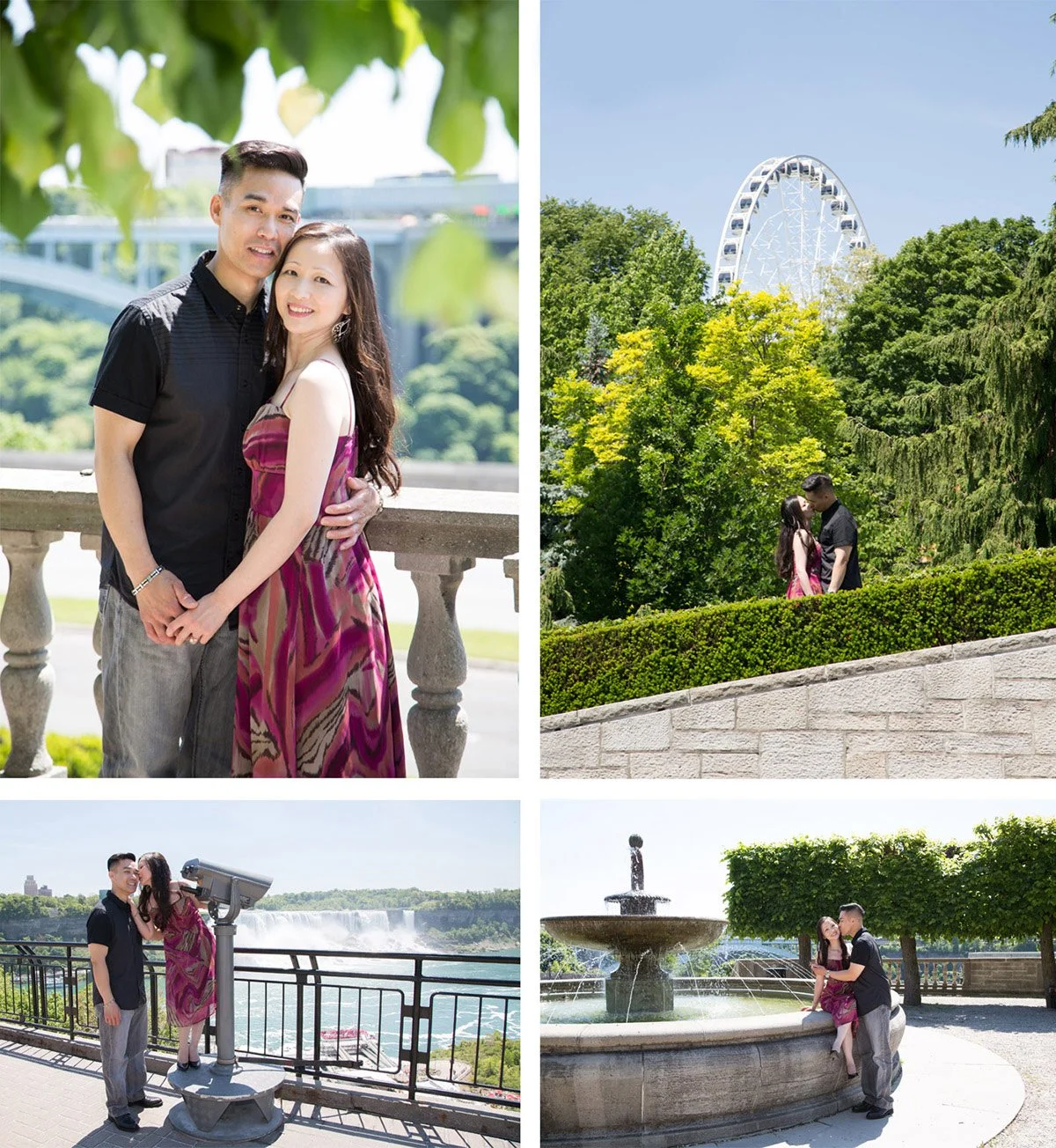 A couple posing together outdoors on a bright, sunny day, with a Ferris wheel and lush green trees in the background, at Niagara Falls.