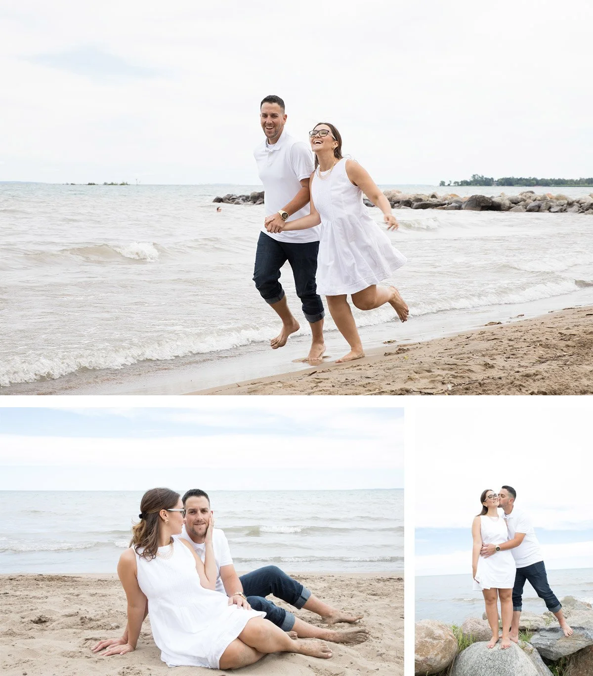 A couple enjoying a day at the beach, with one photo of them walking along the shoreline holding hands, a second of them sitting on the sand, and a third of them kissing on rocks near the water.