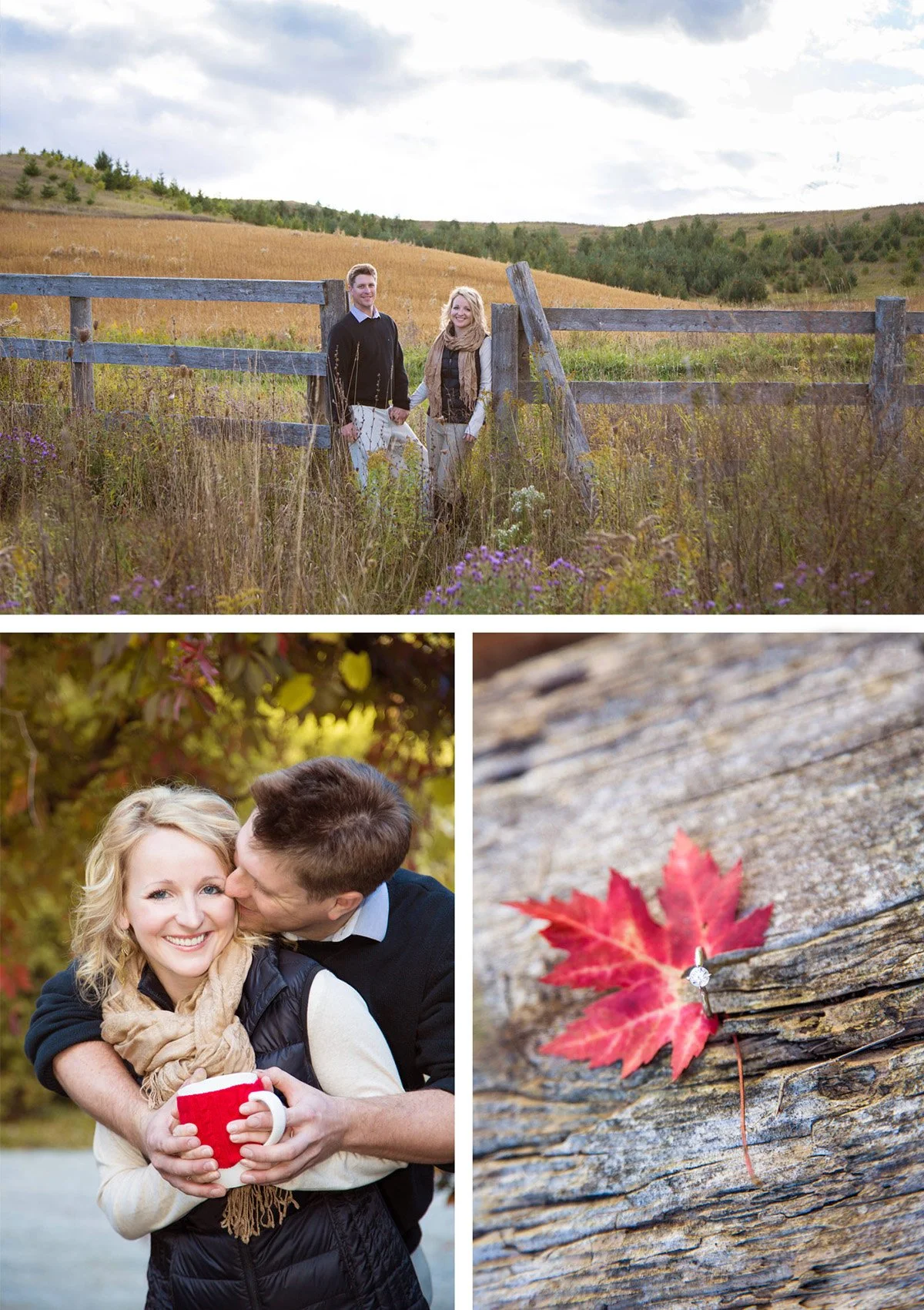A collage of three images: The first shows a man and woman holding hands in a field with a wooden fence and rolling hills in the background; the second is a close-up of a couple, with the man kissing the woman on the cheek while she smiles holding a 