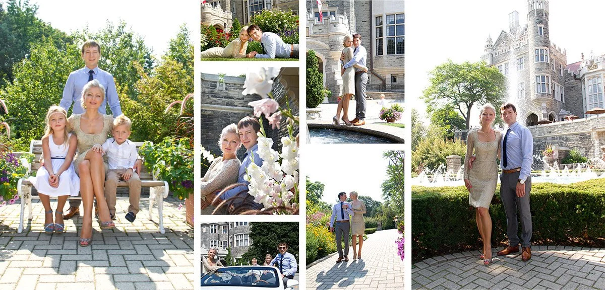Multiple photos of a family and a couple in front of a castle-like building, with some images featuring family members sitting on a bench, lying on the grass, or walking together in the garden.