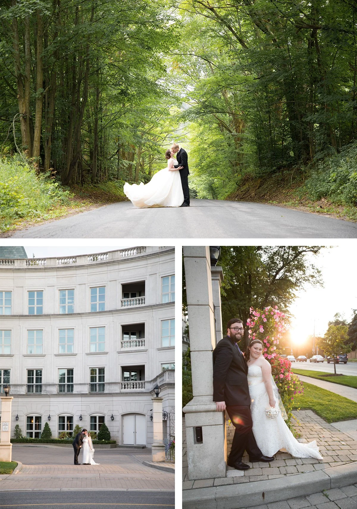 Three wedding photos: a couple in a forest with green trees, a couple in front of a large white building, and a couple standing beside a stone column with flowers at sunset.