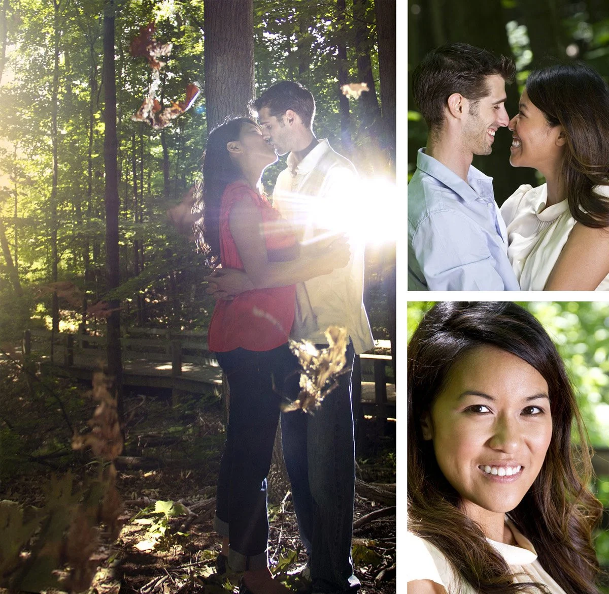A collage of three images featuring couples romantically embracing in a forest setting. The main image shows a man and woman kissing with sunlight shining between trees, while the two smaller images show close-up portraits of a smiling woman and a sm