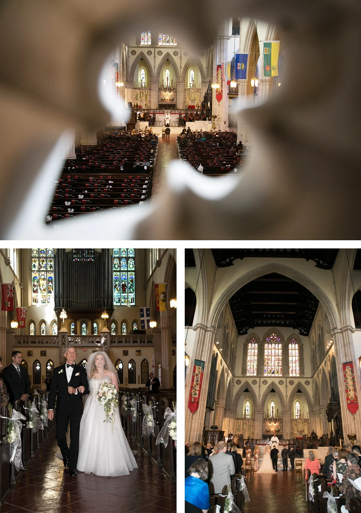 Three images of a church during a wedding ceremony. The first photo shows a view through a decorative opening, revealing the interior with pews. The second photo depicts a bride walking down the aisle with her father, both dressed in wedding attire, 