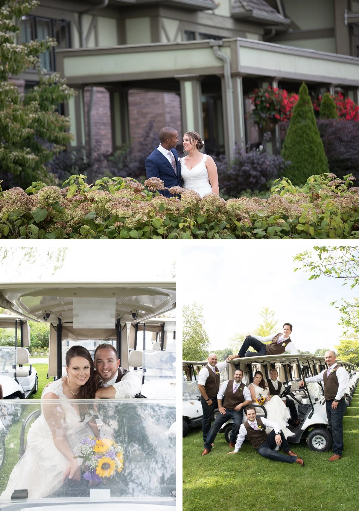 Collage of wedding photos: Top image shows a bride and groom standing behind hydrangeas in front of a house with garden and balcony; bottom left image depicts a bride and groom inside a golf cart, smiling at the camera; bottom right image features th