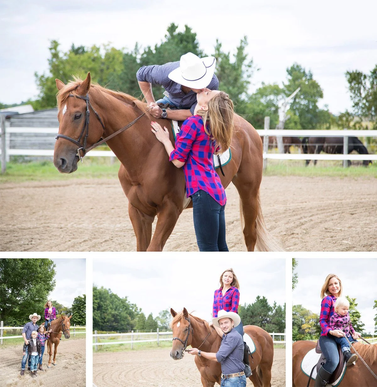 Family enjoying a day at the ranch, with children and adults riding and standing near horses in an outdoor riding arena.