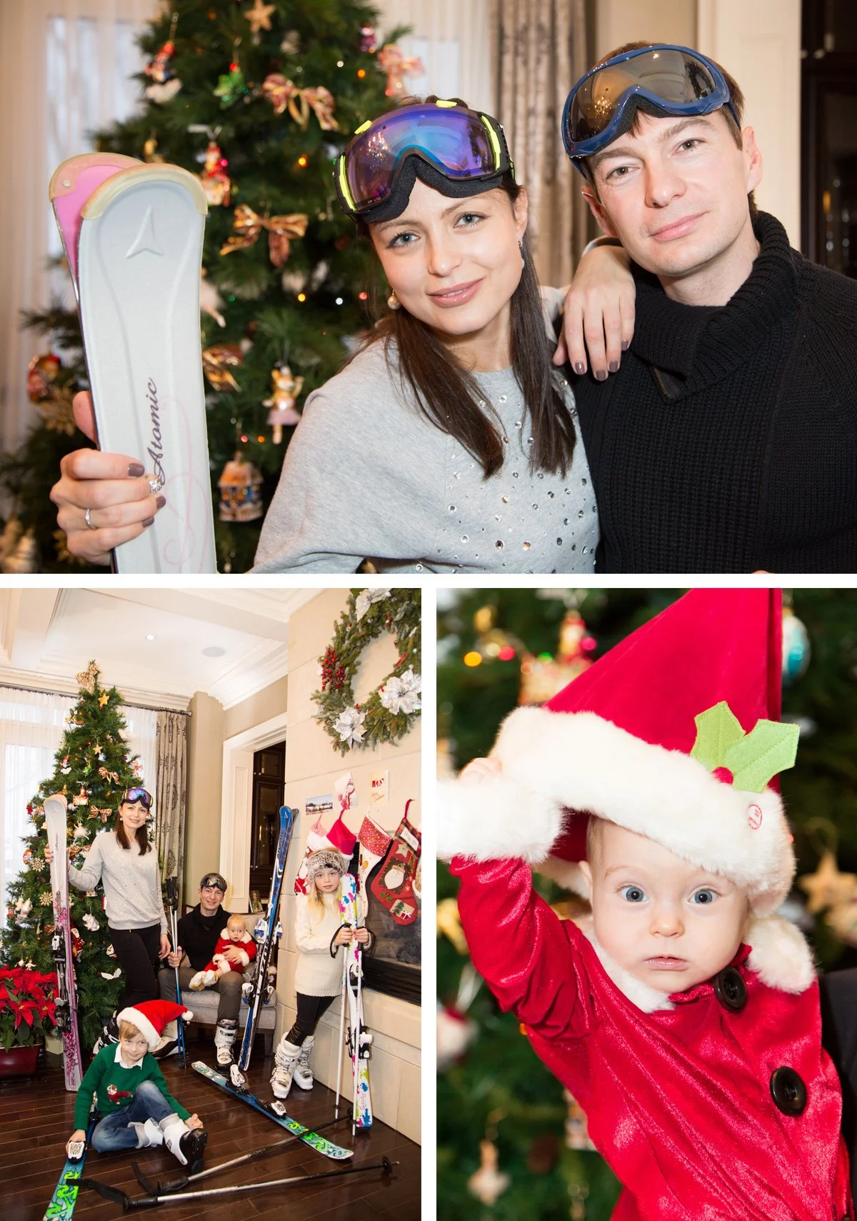 Family celebrating Christmas indoors with a decorated tree, wearing ski gear, and children in holiday costumes.