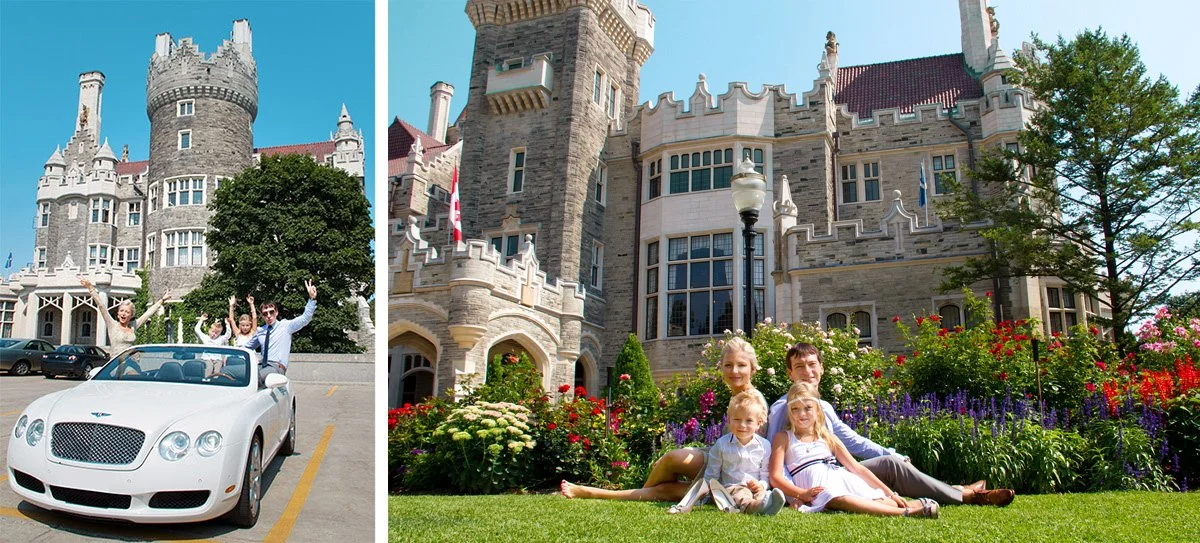 People posing in front of a castle, with a car in the parking lot and a family sitting on the grass in front of another castle with colorful garden