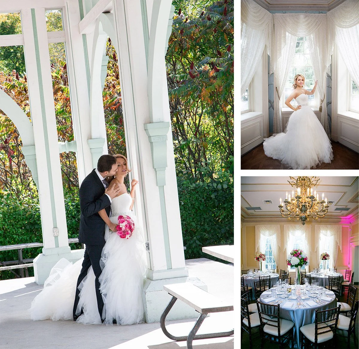 A collage of three wedding photographs. The first photo shows a groom kissing a bride on the cheek outdoors next to white architecture and green foliage. The bride holds a pink bouquet and wears a white wedding gown. The second photo features a bride