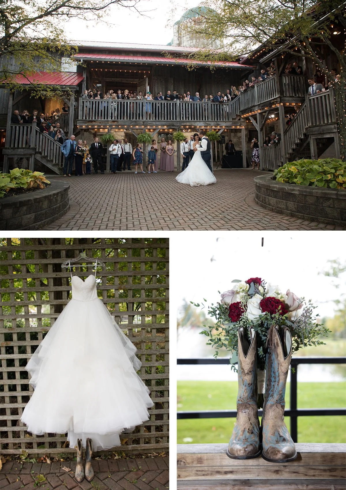 A wedding scene at an outdoor rustic venue with guests watching a couple dance on the patio. Wedding dress hanging on a lattice, cowboy boots with a floral arrangement.