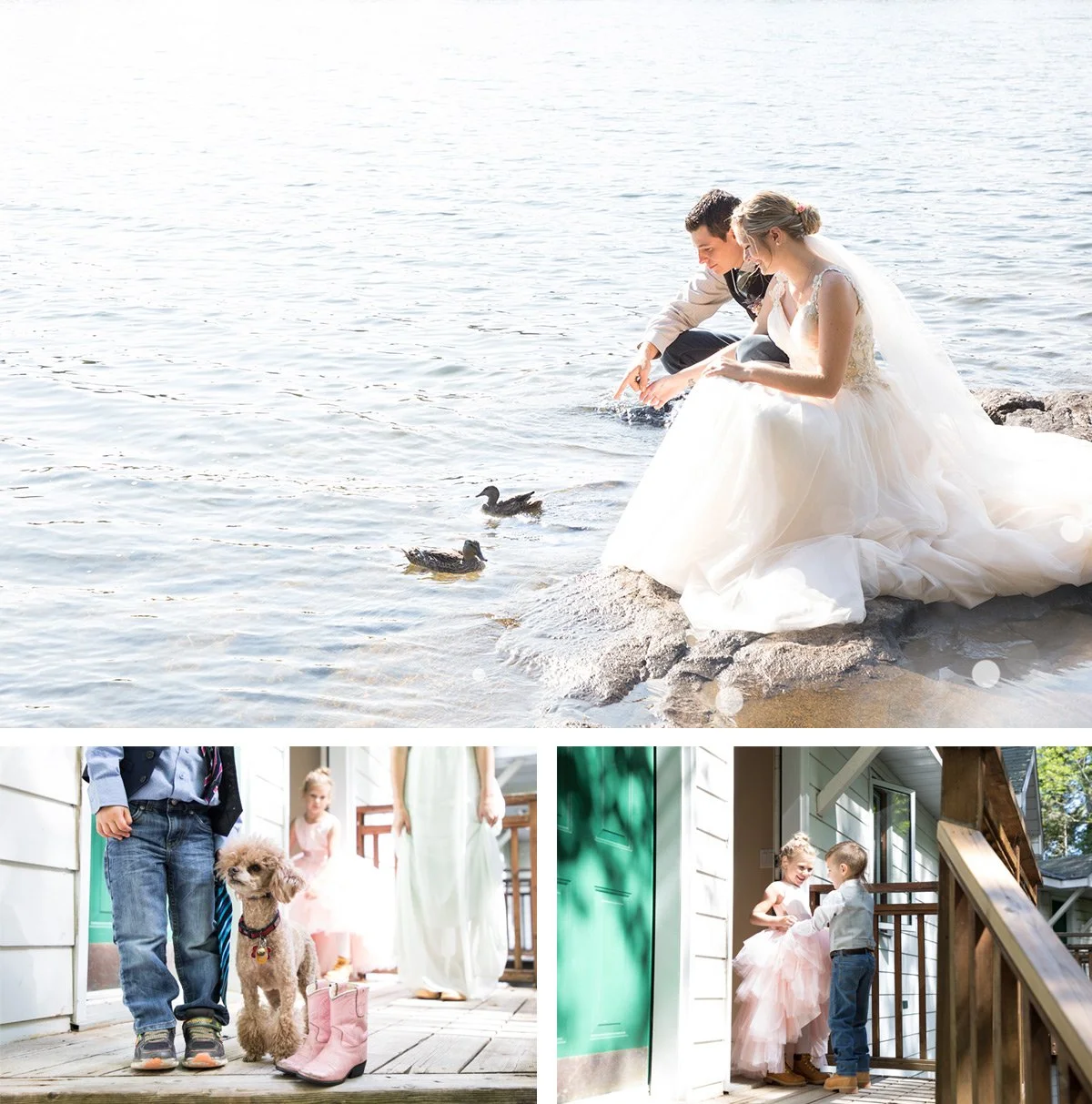 A bride and groom in wedding attire sitting by the water and feeding ducks, a young boy with a dog and pink boots, and young children playing on a porch at a house.