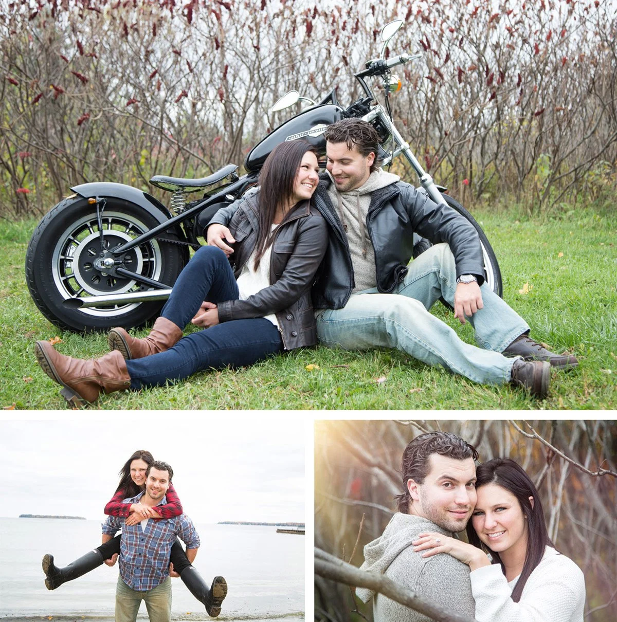 Couple sitting on grass with a motorcycle, a couple at a beach, and a couple in a forest.