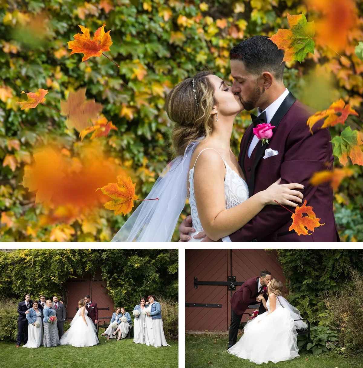 A wedding celebration in an outdoor setting with a bride and groom in formal attire, surrounded by family and friends, and leaves indicating an autumn season.