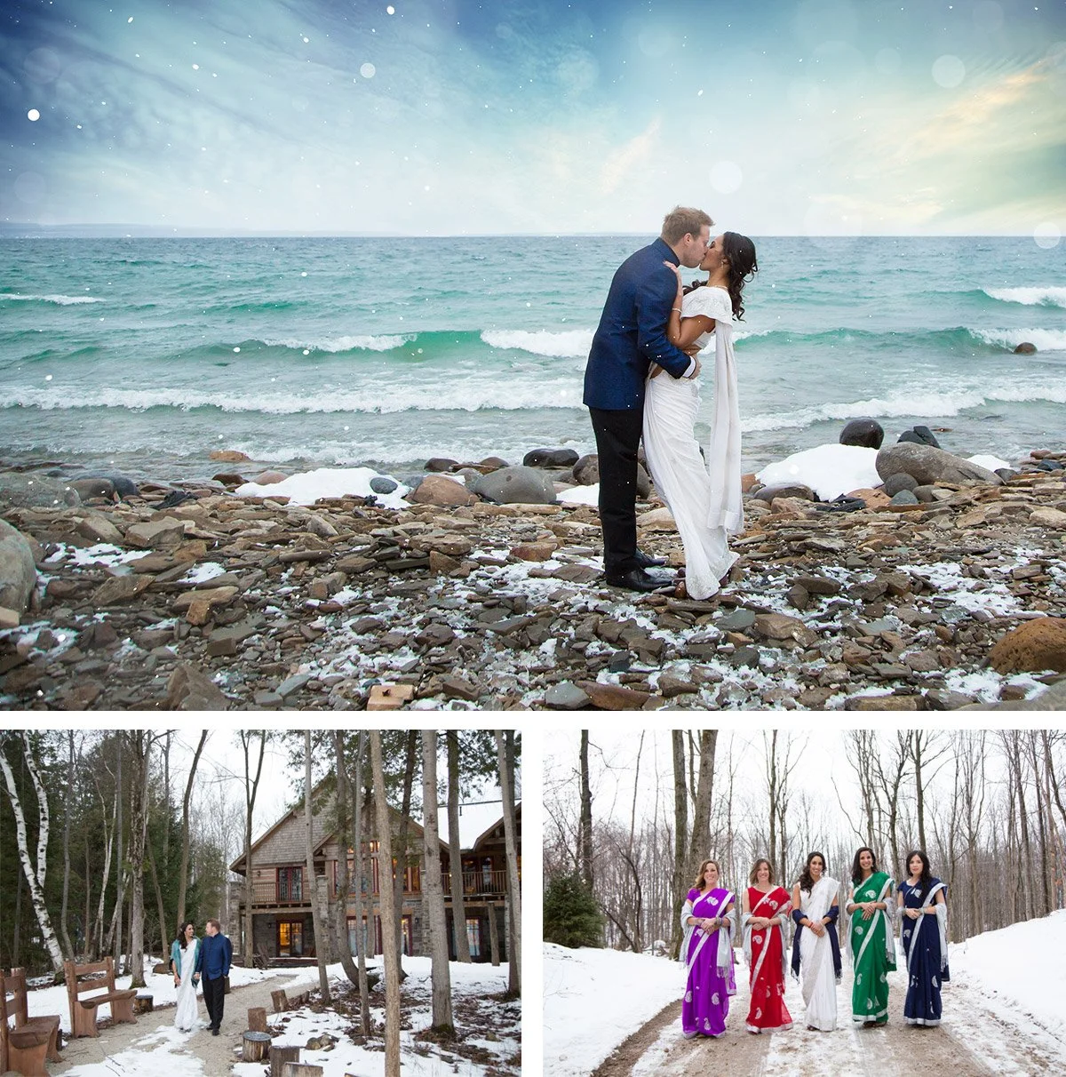 A composite image with three photos. The top photo depicts a couple in wedding attire sharing a kiss on a rocky beach with waves and a cloudy sky in the background. The bottom left photo shows the same couple walking hand in hand in a wintery wooded 