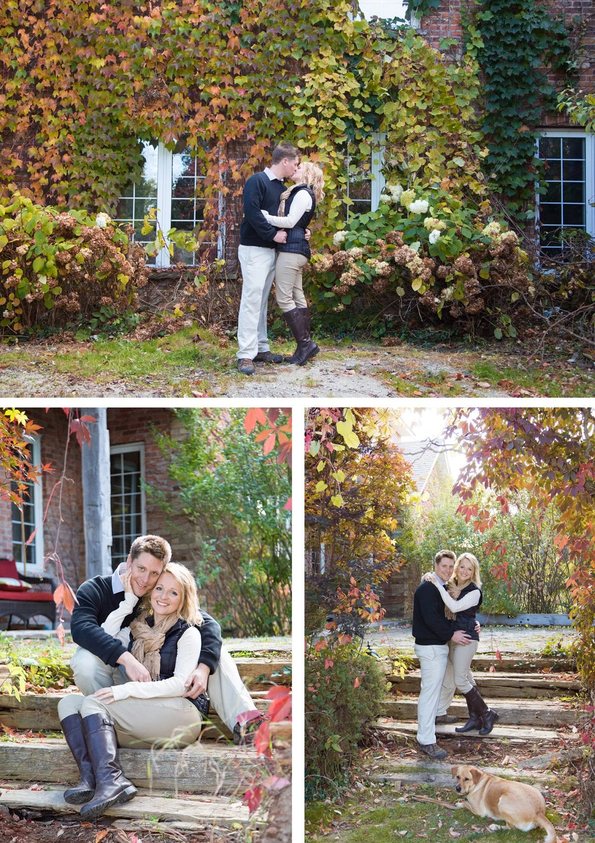 A collage of three photos of a couple in a garden during fall. In the top photo, they are kissing in front of a vine-covered house. In the bottom-left photo, they are sitting on wooden steps, smiling at the camera. In the bottom-right photo, they are