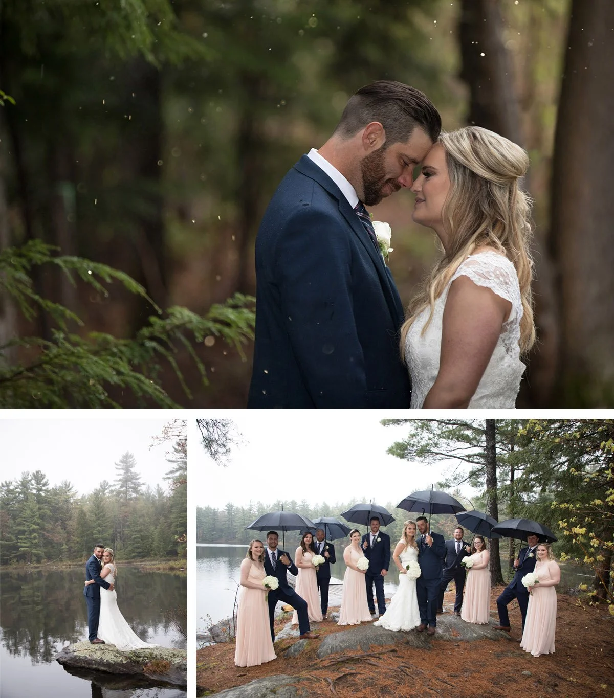 A wedding photoshoot in a forest with a bride and groom close-up, the bride and groom touching foreheads, and a group of wedding party members with umbrellas by the lake.