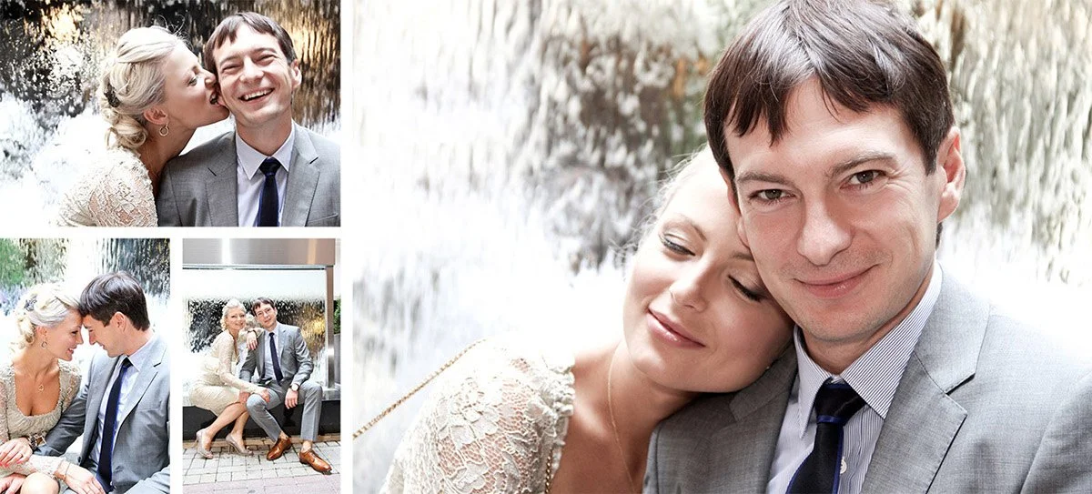 A collage of four photos of a couple. In the main photo, they are close together, smiling with their eyes closed, with water in the background. In the top left photo, the woman kisses the man's cheek as he smiles. In the bottom left photo, they sit f