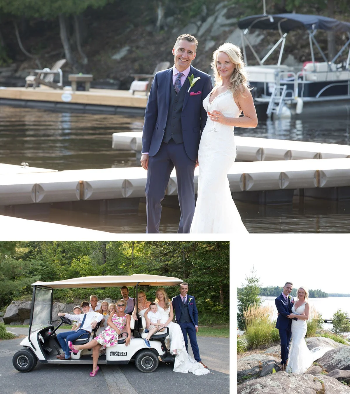 Wedding photos: a bride and groom at a dock by the water, a group of people on a golf cart, and the couple by a lakeside