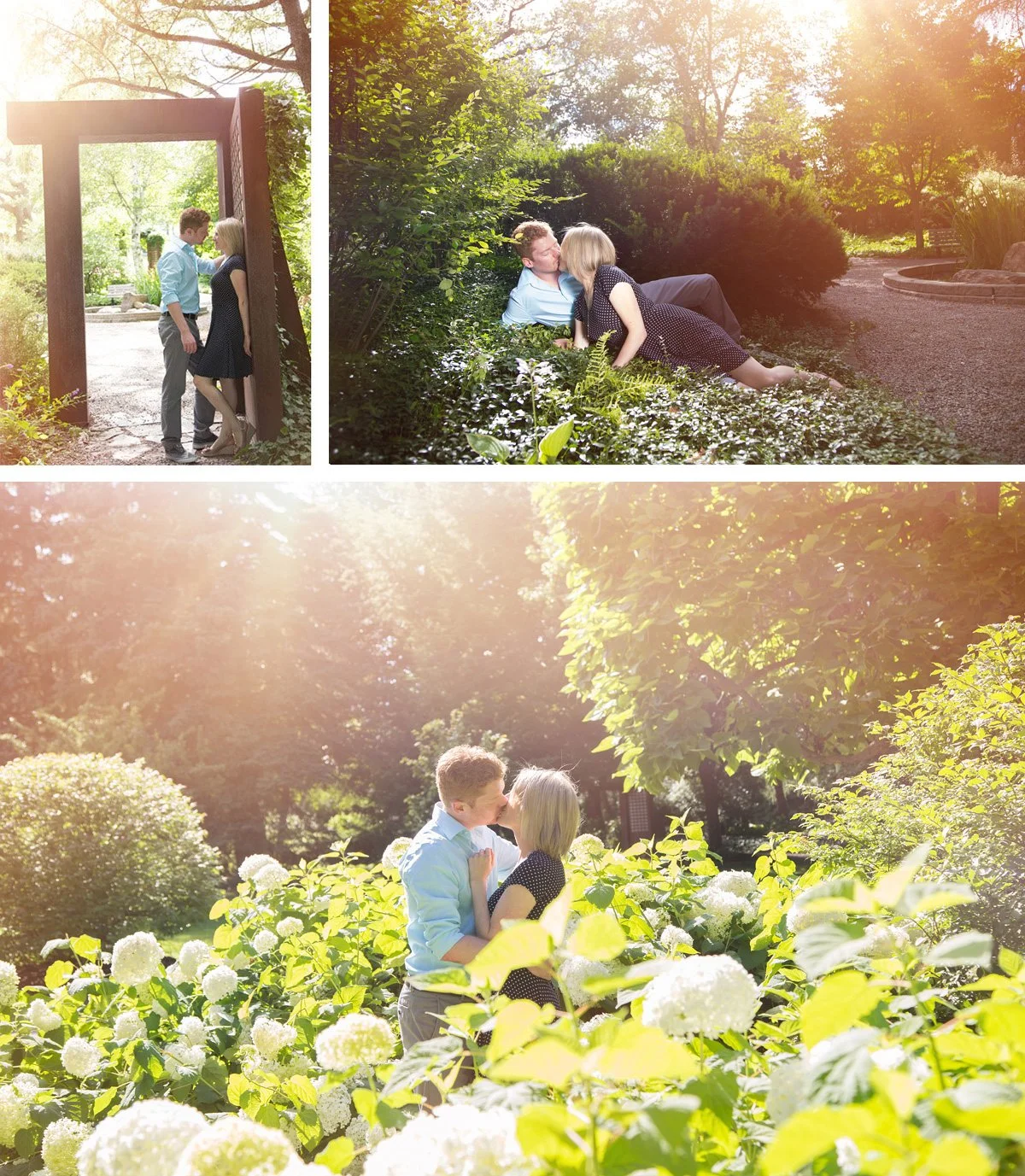 A collage of three photos of a couple in a garden during the daytime, sharing a romantic moment with sunlight filtering through trees.