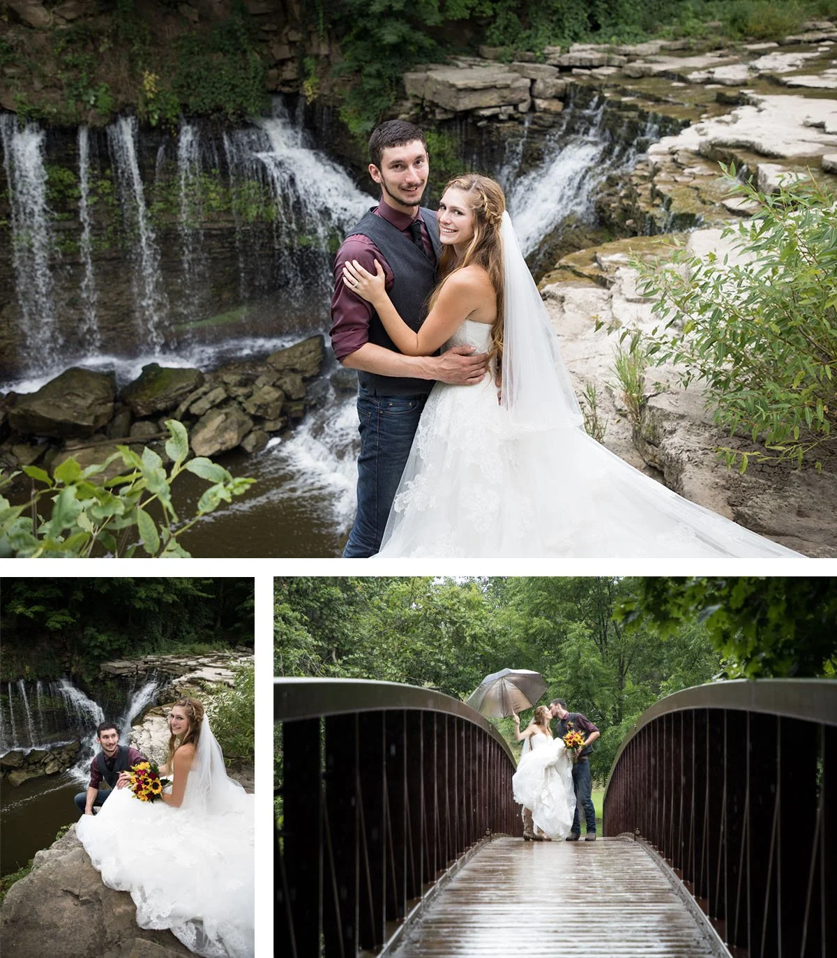 A bride and groom in wedding attire standing on a bridge by a waterfall in a lush green forest.