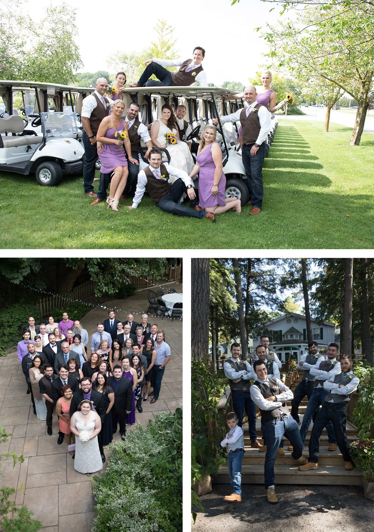 Collage of three wedding photos: top photo shows a wedding party with bridesmaids and groomsmen on golf carts outdoors, middle photo features a large group of guests in formal attire at a reception venue, bottom right photo depicts groomsmen and a yo