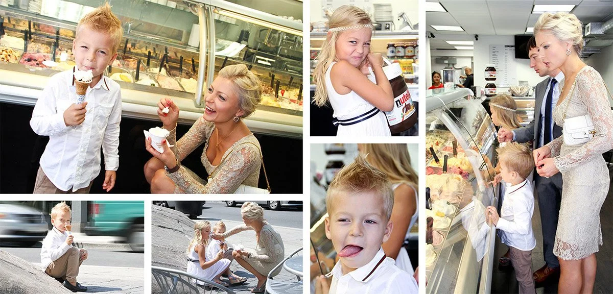 Group of children and adults enjoying ice cream and ice cream shop experience