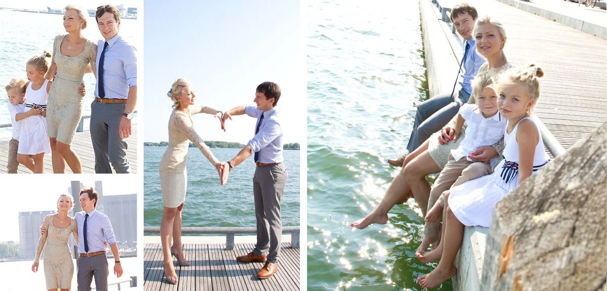 A family enjoying a day by the water, with a woman and man forming a heart shape with their hands, children sitting by the water, and the family walking together.